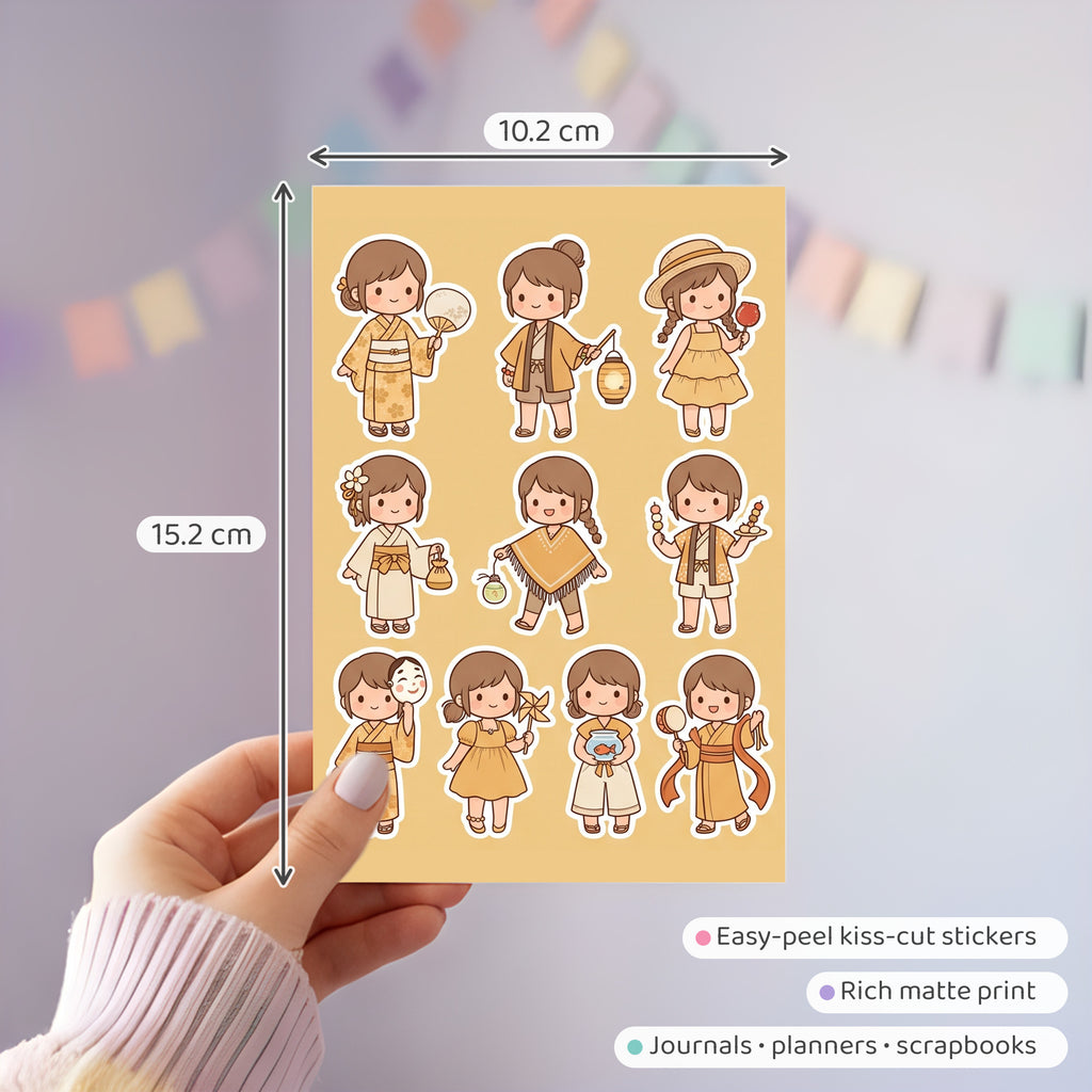 Kawaii Chibi Festival Girl Stickers – 4x6 inch Aesthetic Sticker Sheets (Pack of 4) | For Journals, Notebooks, Scrapbooks, DIY Gifts, Planners & More