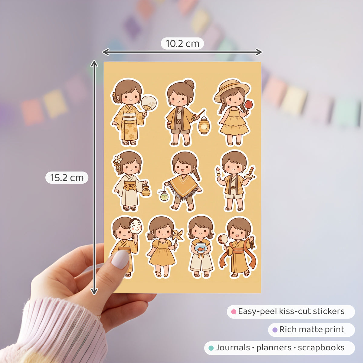 Kawaii Chibi Festival Girl Stickers – 4x6 inch Aesthetic Sticker Sheets (Pack of 4) | For Journals, Notebooks, Scrapbooks, DIY Gifts, Planners & More