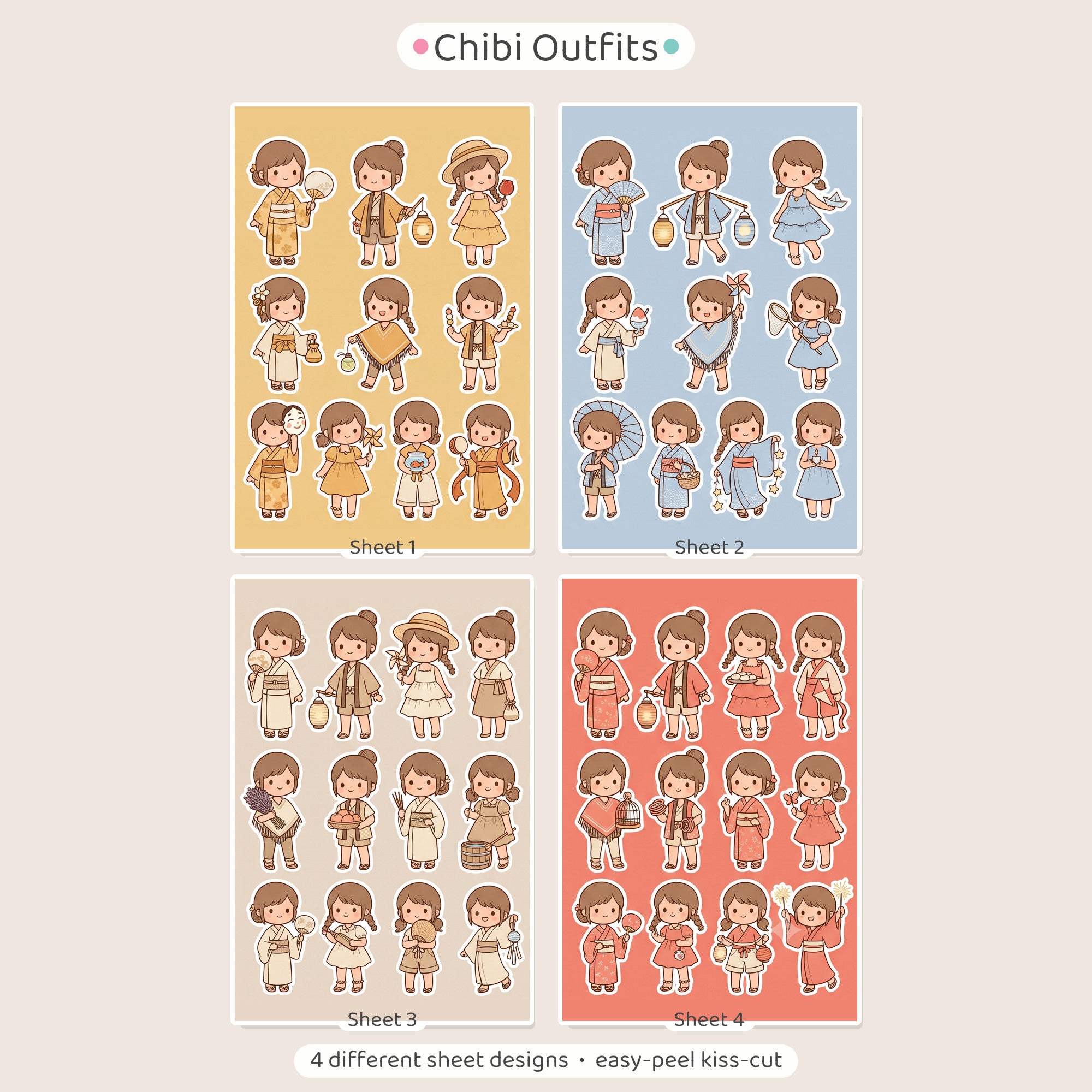 Kawaii Chibi Festival Girl Stickers – 4x6 inch Aesthetic Sticker Sheets (Pack of 4) | For Journals, Notebooks, Scrapbooks, DIY Gifts, Planners & More