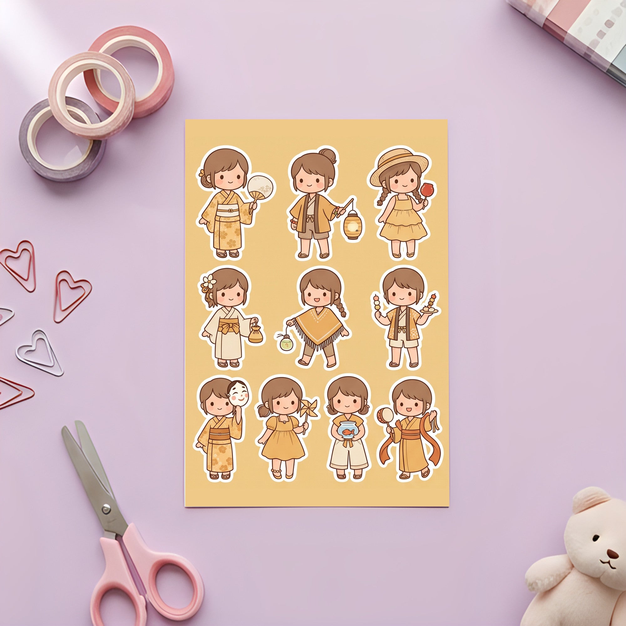 Kawaii Chibi Festival Girl Stickers – 4x6 inch Aesthetic Sticker Sheets (Pack of 4) | For Journals, Notebooks, Scrapbooks, DIY Gifts, Planners & More