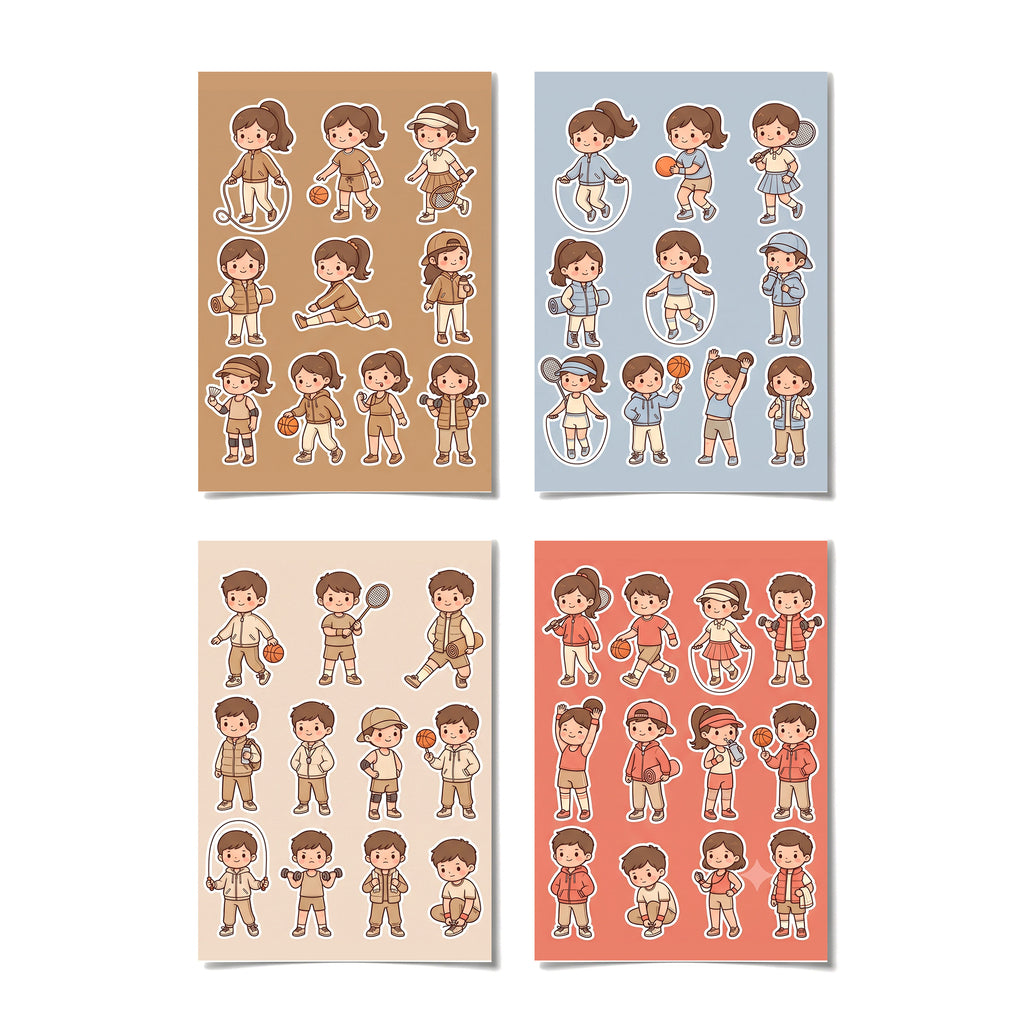 Kawaii Chibi Active Girl Stickers – 4x6 inch Cute Sticker Sheets (Pack of 4) | For Journals, Scrapbooks, DIY Gifts, Planners & More
