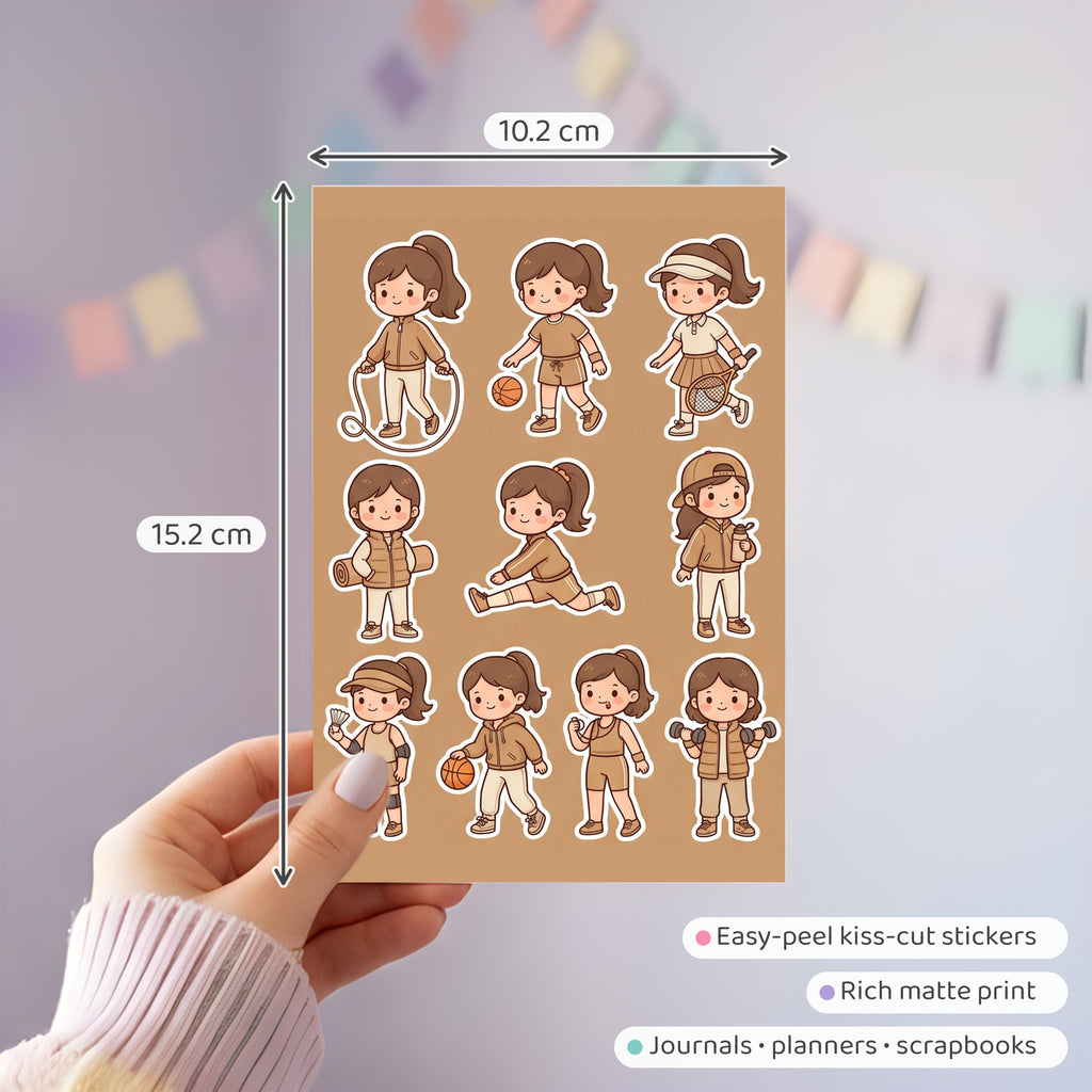 Kawaii Chibi Active Girl Stickers – 4x6 inch Cute Sticker Sheets (Pack of 4) | For Journals, Scrapbooks, DIY Gifts, Planners & More