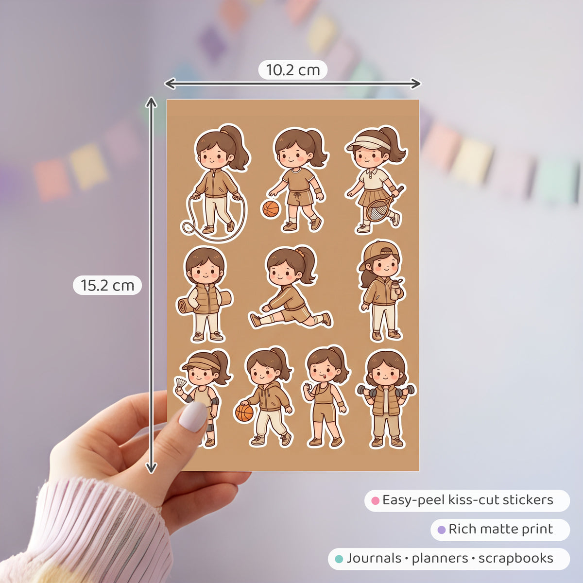 Kawaii Chibi Active Girl Stickers – 4x6 inch Cute Sticker Sheets (Pack of 4) | For Journals, Scrapbooks, DIY Gifts, Planners & More