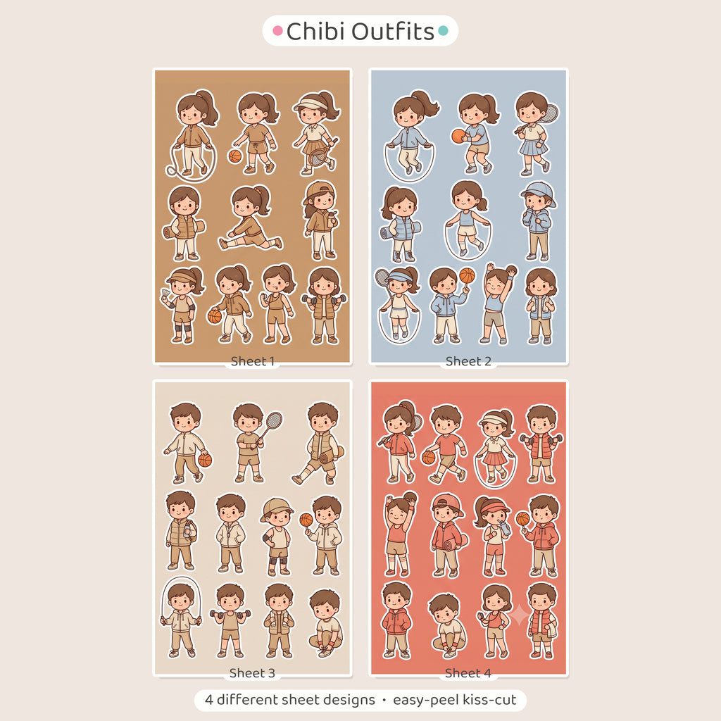 Kawaii Chibi Active Girl Stickers – 4x6 inch Cute Sticker Sheets (Pack of 4) | For Journals, Scrapbooks, DIY Gifts, Planners & More