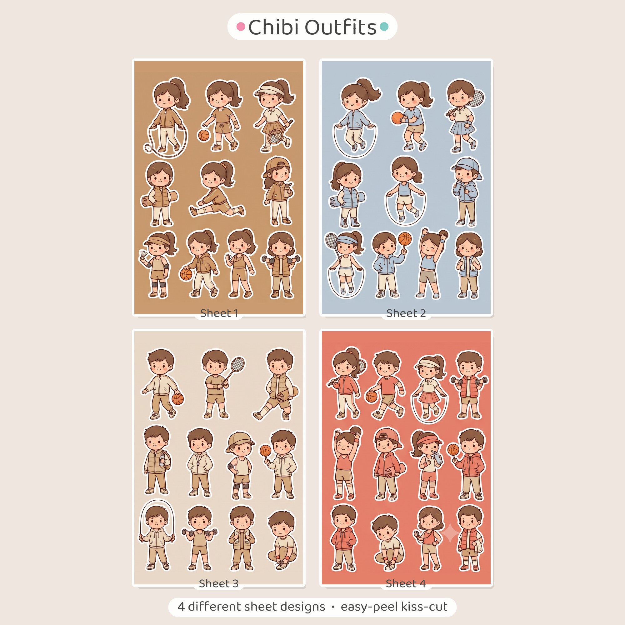 Kawaii Chibi Active Girl Stickers – 4x6 inch Cute Sticker Sheets (Pack of 4) | For Journals, Scrapbooks, DIY Gifts, Planners & More