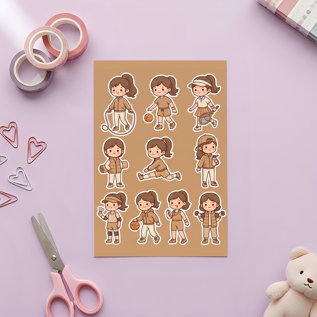 Kawaii Chibi Active Girl Stickers – 4x6 inch Cute Sticker Sheets (Pack of 4) | For Journals, Scrapbooks, DIY Gifts, Planners & More