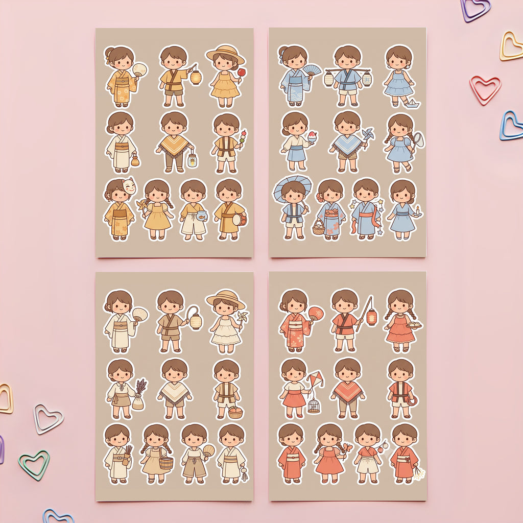 Kawaii Chibi Yukata Stickers – 4x6 inch Aesthetic Sticker Sheets (Pack of 4) | For Journals, DIY Gifts, Planners, School Projects, Gift Wraps & More