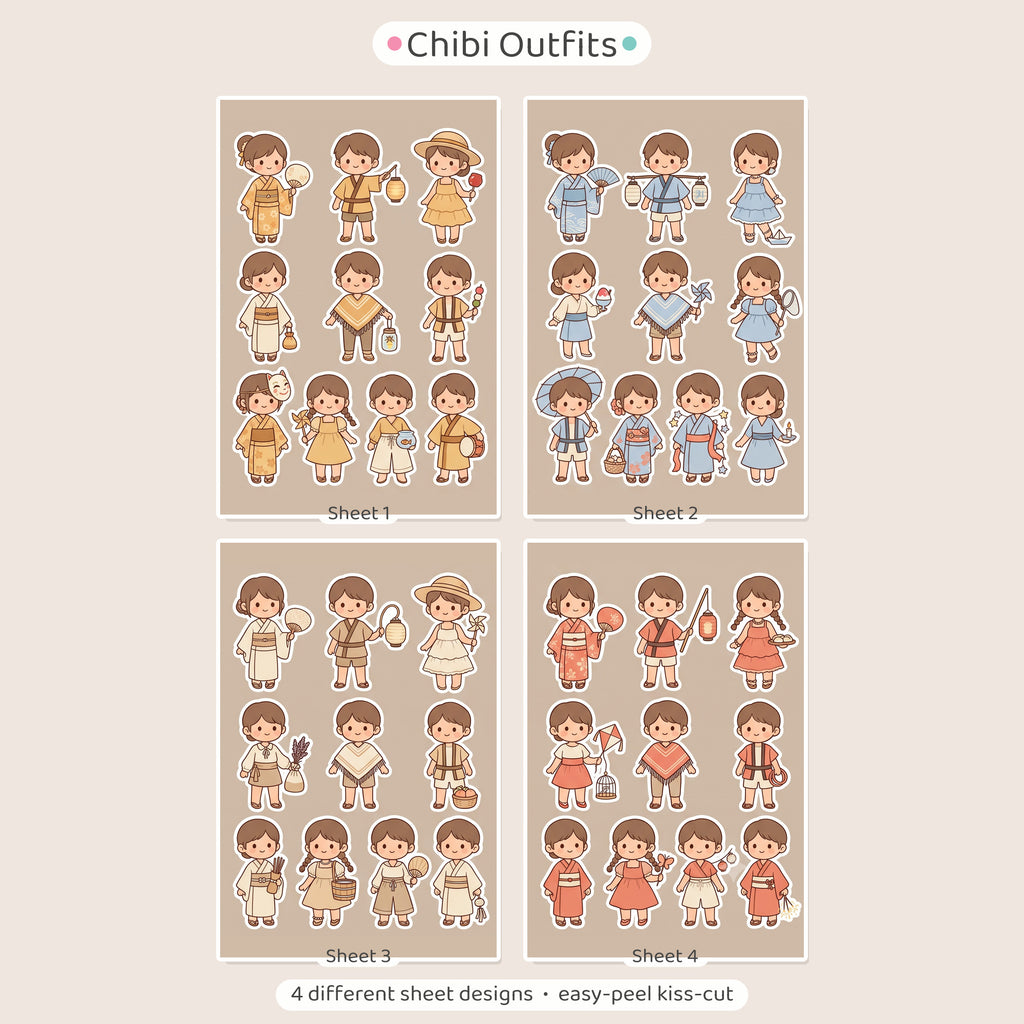 Kawaii Chibi Yukata Stickers – 4x6 inch Aesthetic Sticker Sheets (Pack of 4) | For Journals, DIY Gifts, Planners, School Projects, Gift Wraps & More