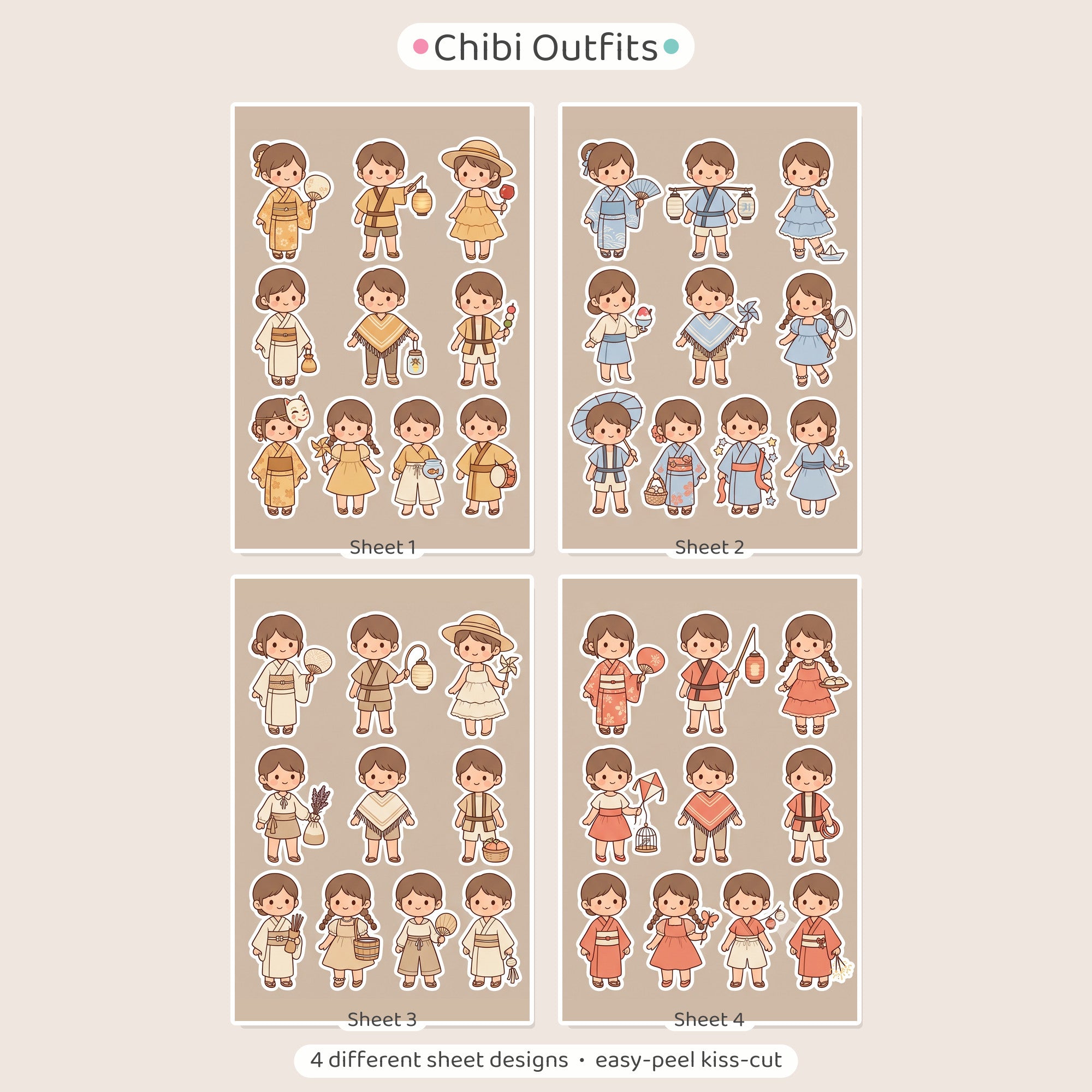 Kawaii Chibi Yukata Stickers – 4x6 inch Aesthetic Sticker Sheets (Pack of 4) | For Journals, DIY Gifts, Planners, School Projects, Gift Wraps & More
