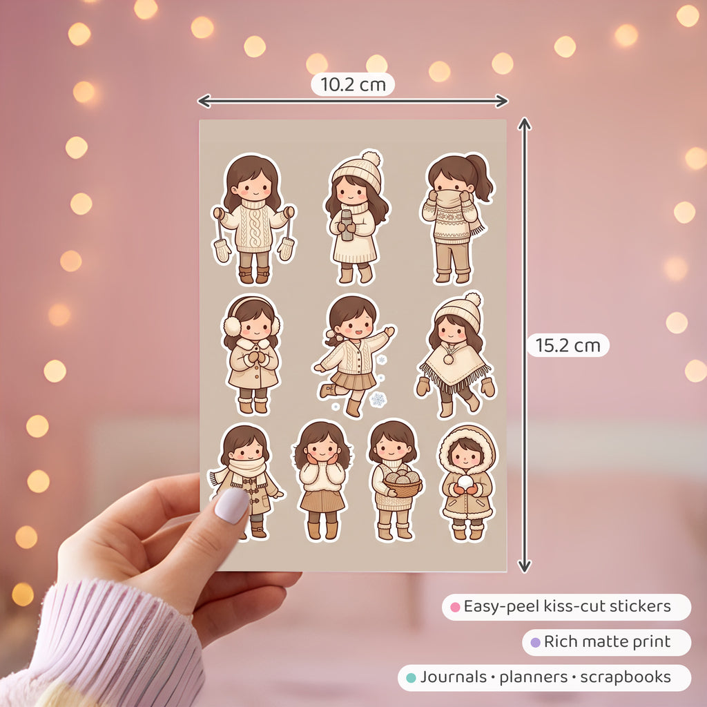 Kawaii Chibi Cosy Knit Girl Stickers – 4x6 inch Cute Sticker Sheets (Pack of 4) | For Journals, Planners, School Projects, Gift Wraps & More