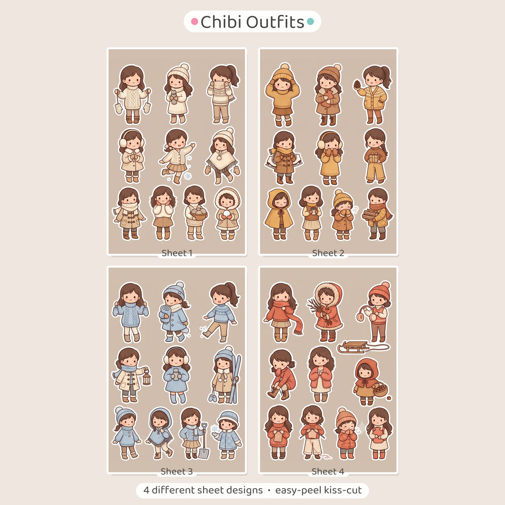 Kawaii Chibi Cosy Knit Girl Stickers – 4x6 inch Cute Sticker Sheets (Pack of 4) | For Journals, Planners, School Projects, Gift Wraps & More