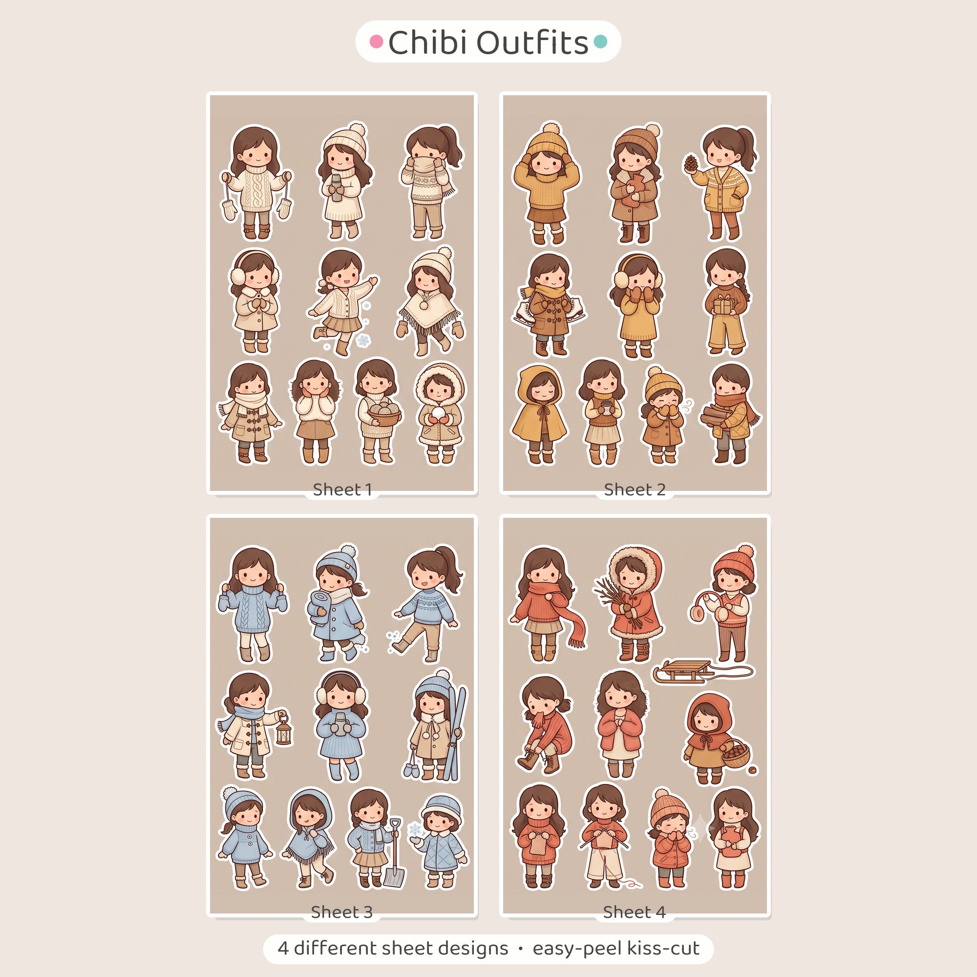 Kawaii Chibi Cosy Knit Girl Stickers – 4x6 inch Cute Sticker Sheets (Pack of 4) | For Journals, Planners, School Projects, Gift Wraps & More