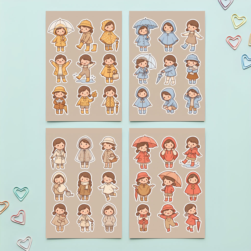 Kawaii Chibi Rainy Day Girl Stickers – 4x6 inch Aesthetic Sticker Sheets (Pack of 4) | Raincoat Outfit Girls for Journals, Planners & School Projects