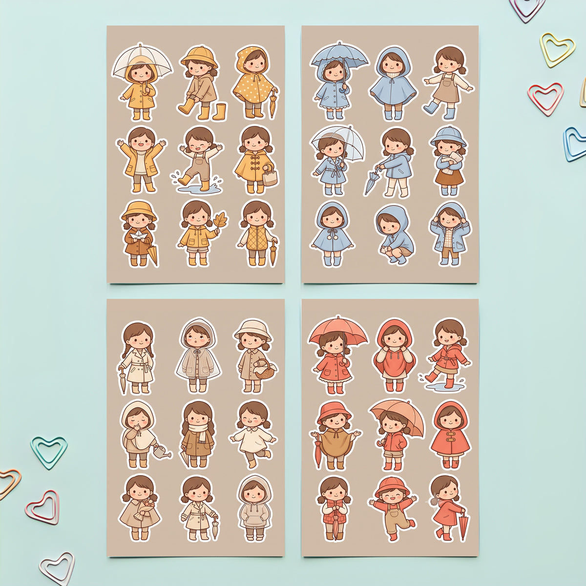 Kawaii Chibi Rainy Day Girl Stickers – 4x6 inch Aesthetic Sticker Sheets (Pack of 4) | Raincoat Outfit Girls for Journals, Planners & School Projects