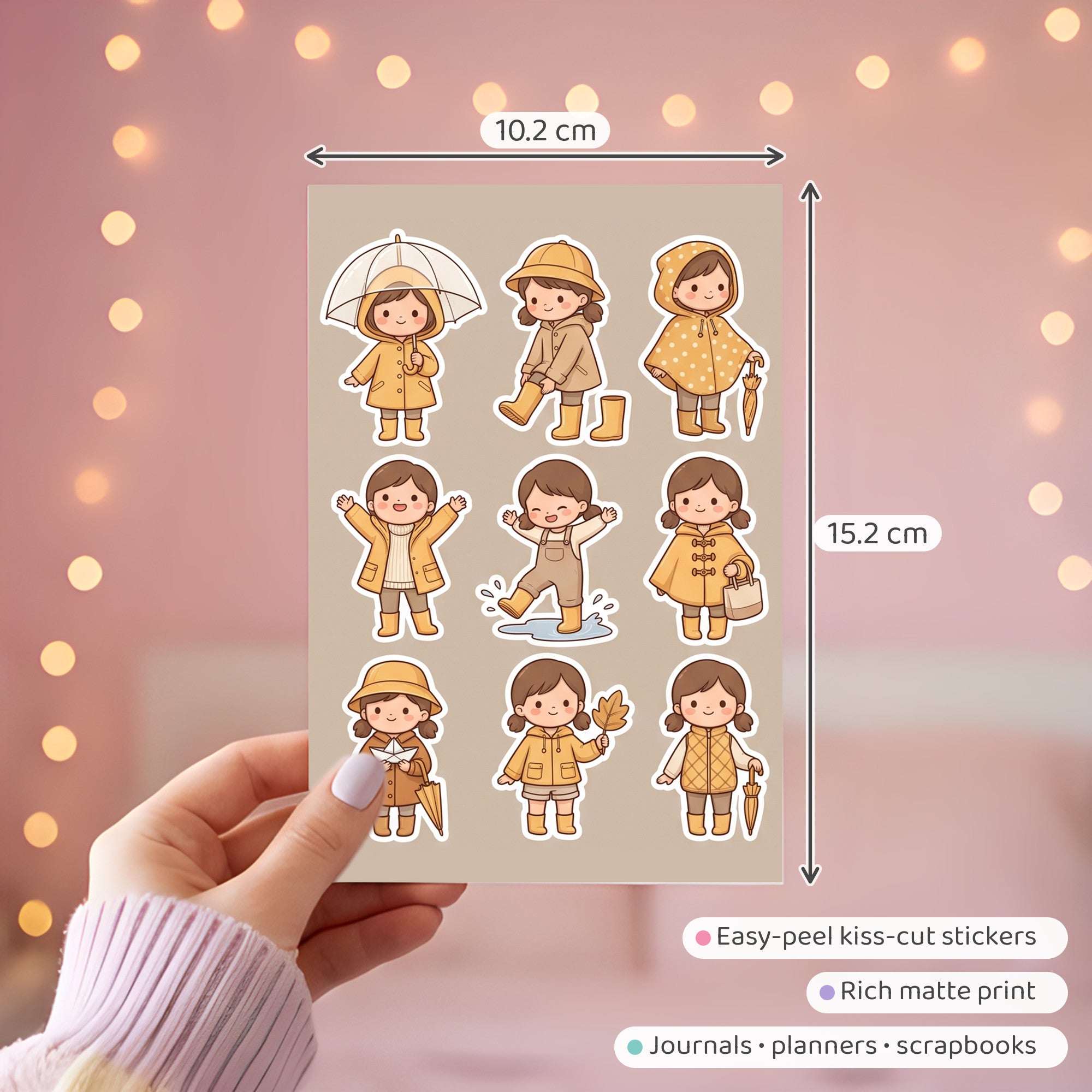 Kawaii Chibi Rainy Day Girl Stickers – 4x6 inch Aesthetic Sticker Sheets (Pack of 4) | Raincoat Outfit Girls for Journals, Planners & School Projects