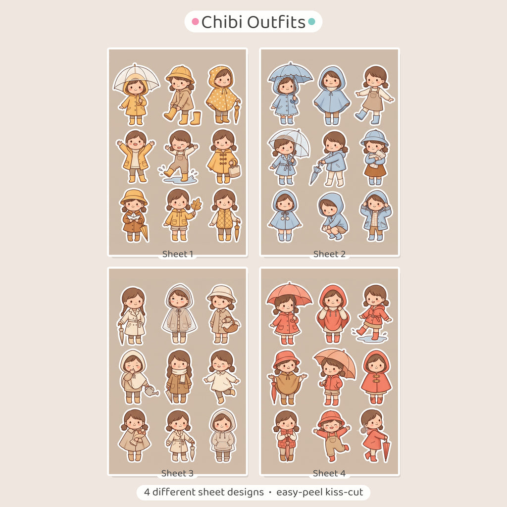 Kawaii Chibi Rainy Day Girl Stickers – 4x6 inch Aesthetic Sticker Sheets (Pack of 4) | Raincoat Outfit Girls for Journals, Planners & School Projects