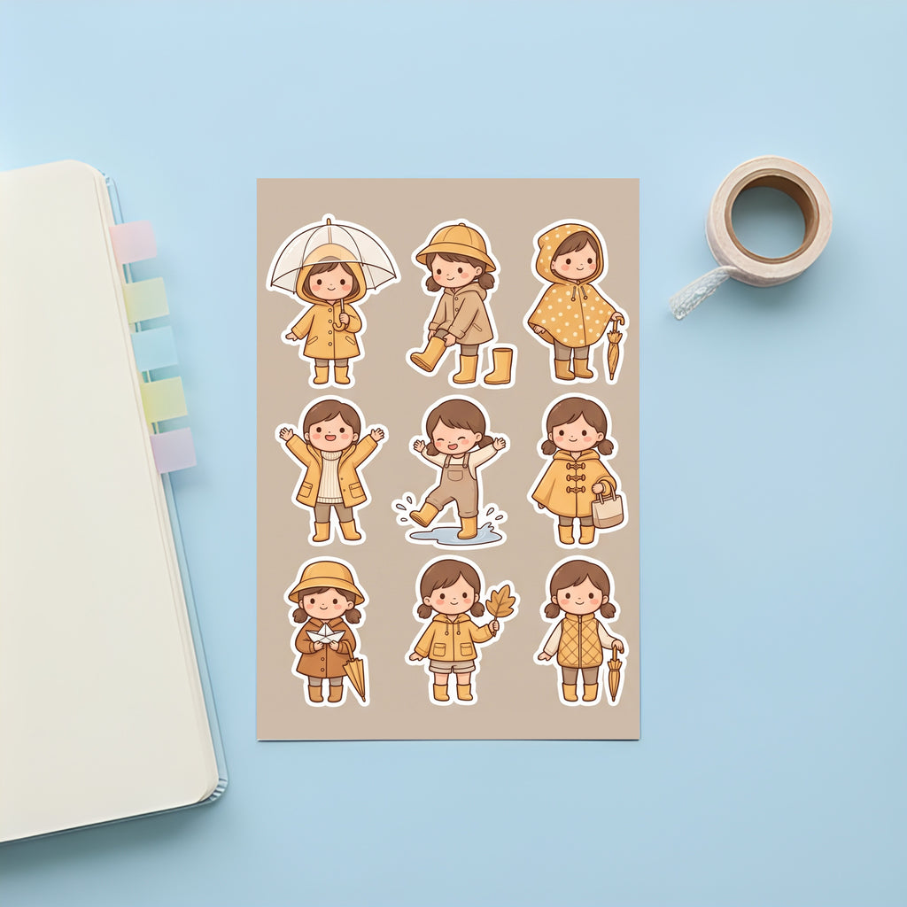 Kawaii Chibi Rainy Day Girl Stickers – 4x6 inch Aesthetic Sticker Sheets (Pack of 4) | Raincoat Outfit Girls for Journals, Planners & School Projects