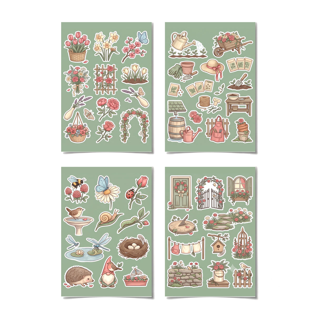 Cottagecore Spring Garden Stickers – 4x6 inch Cute Sticker Sheets (Pack of 4) | Blooms & Rose Arch for Journals, DIY Crafts, Diaries, Planners & More