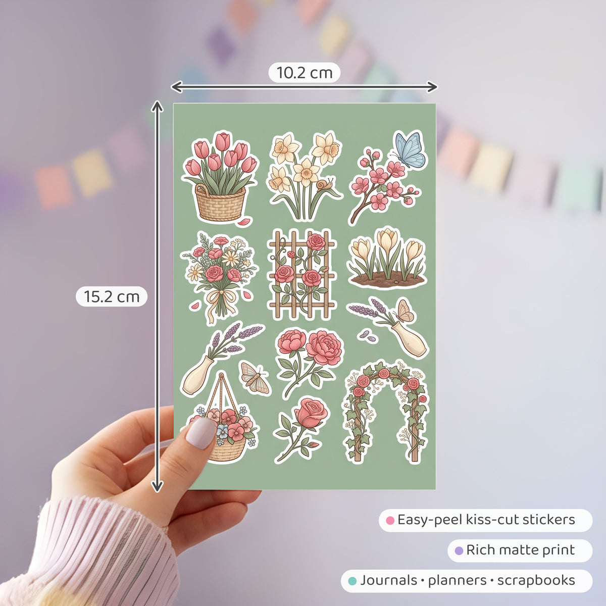 Cottagecore Spring Garden Stickers – 4x6 inch Cute Sticker Sheets (Pack of 4) | Blooms & Rose Arch for Journals, DIY Crafts, Diaries, Planners & More