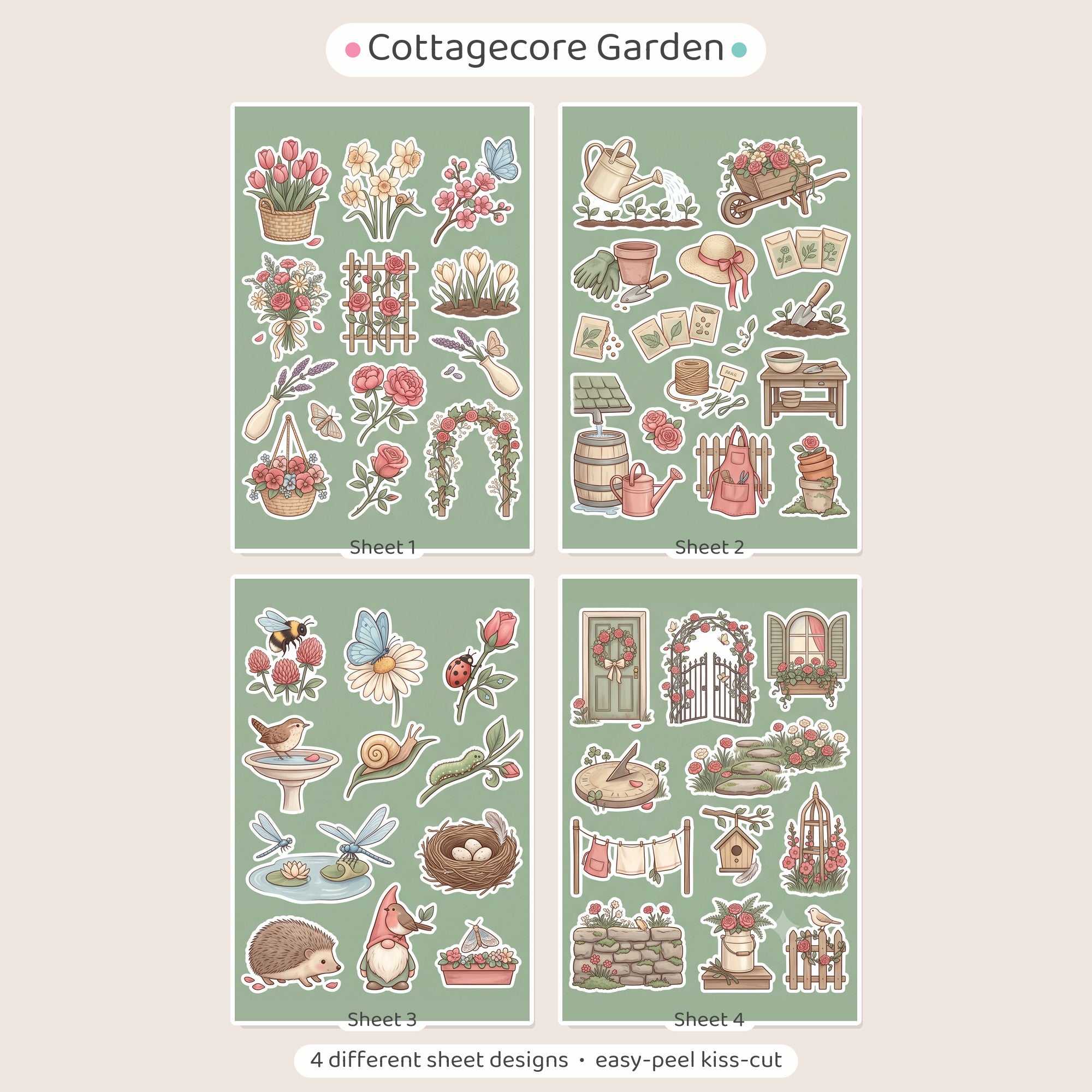 Cottagecore Spring Garden Stickers – 4x6 inch Cute Sticker Sheets (Pack of 4) | Blooms & Rose Arch for Journals, DIY Crafts, Diaries, Planners & More