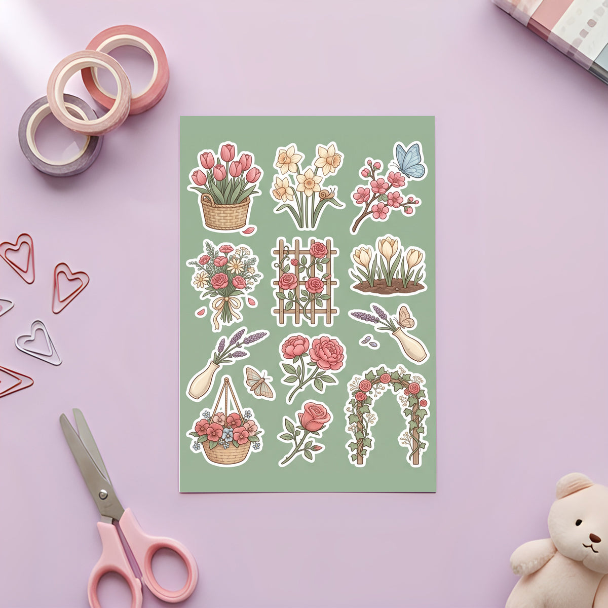 Cottagecore Spring Garden Stickers – 4x6 inch Cute Sticker Sheets (Pack of 4) | Blooms & Rose Arch for Journals, DIY Crafts, Diaries, Planners & More