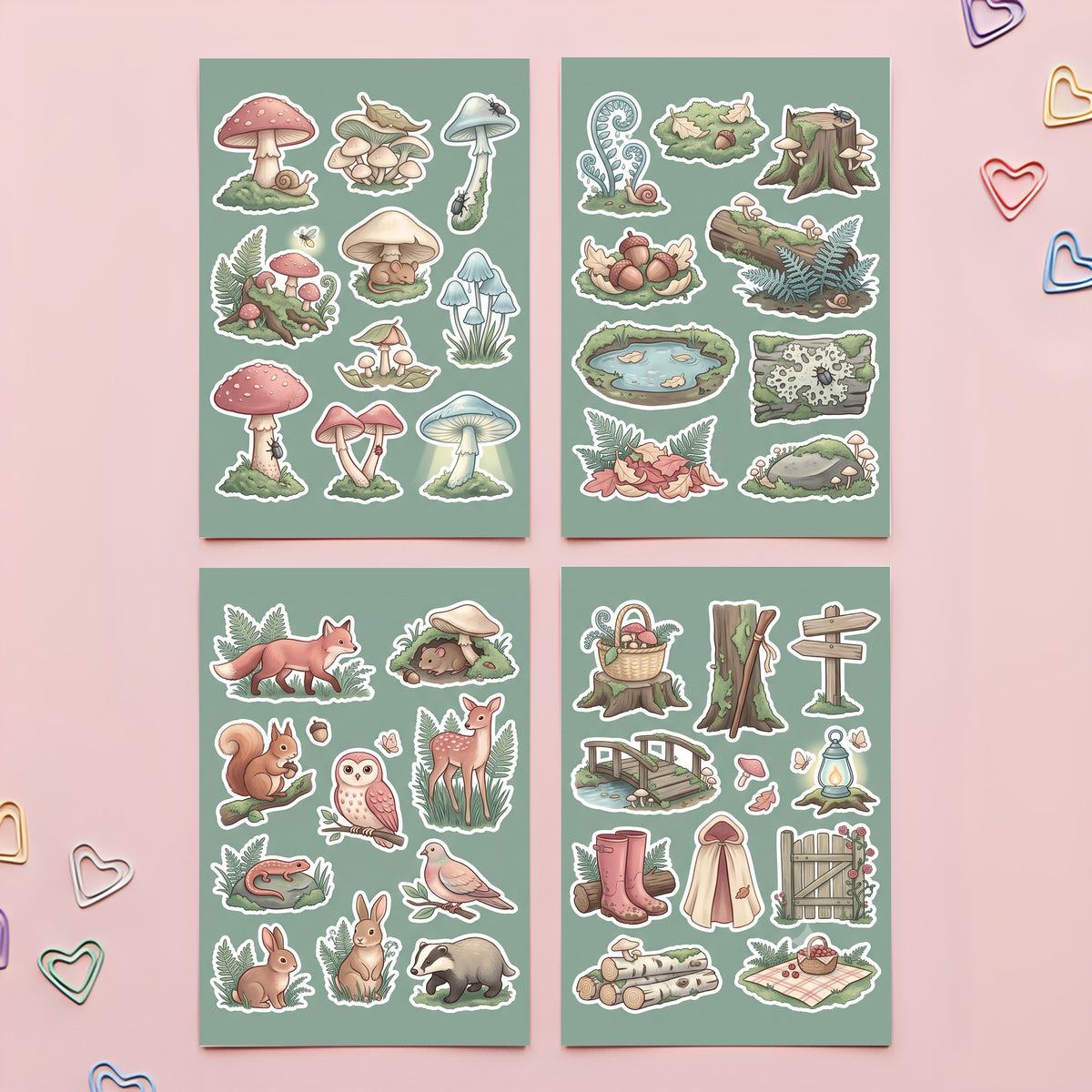 Cottagecore Mushroom Forest Stickers – 4x6 inch Aesthetic Sticker Sheets (Pack of 4) | For Journals, Diaries, Planners, Gift Wraps, Scrapbooks & More
