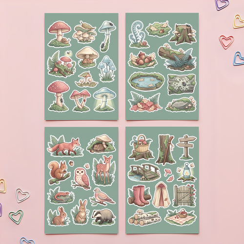 Cottagecore Mushroom Forest Stickers – 4x6 inch Aesthetic Sticker Sheets (Pack of 4) | For Journals, Diaries, Planners, Gift Wraps, Scrapbooks & More