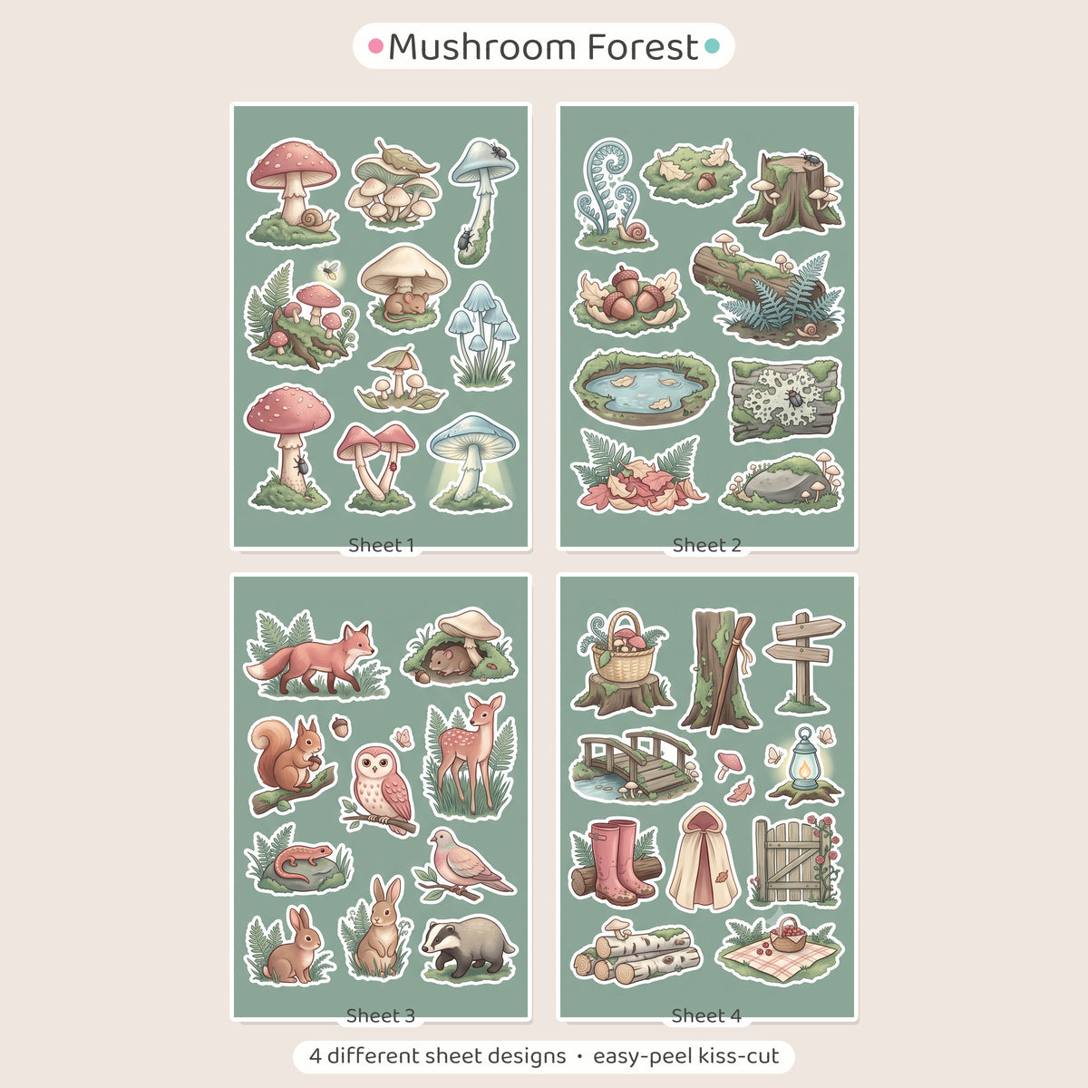Cottagecore Mushroom Forest Stickers – 4x6 inch Aesthetic Sticker Sheets (Pack of 4) | For Journals, Diaries, Planners, Gift Wraps, Scrapbooks & More