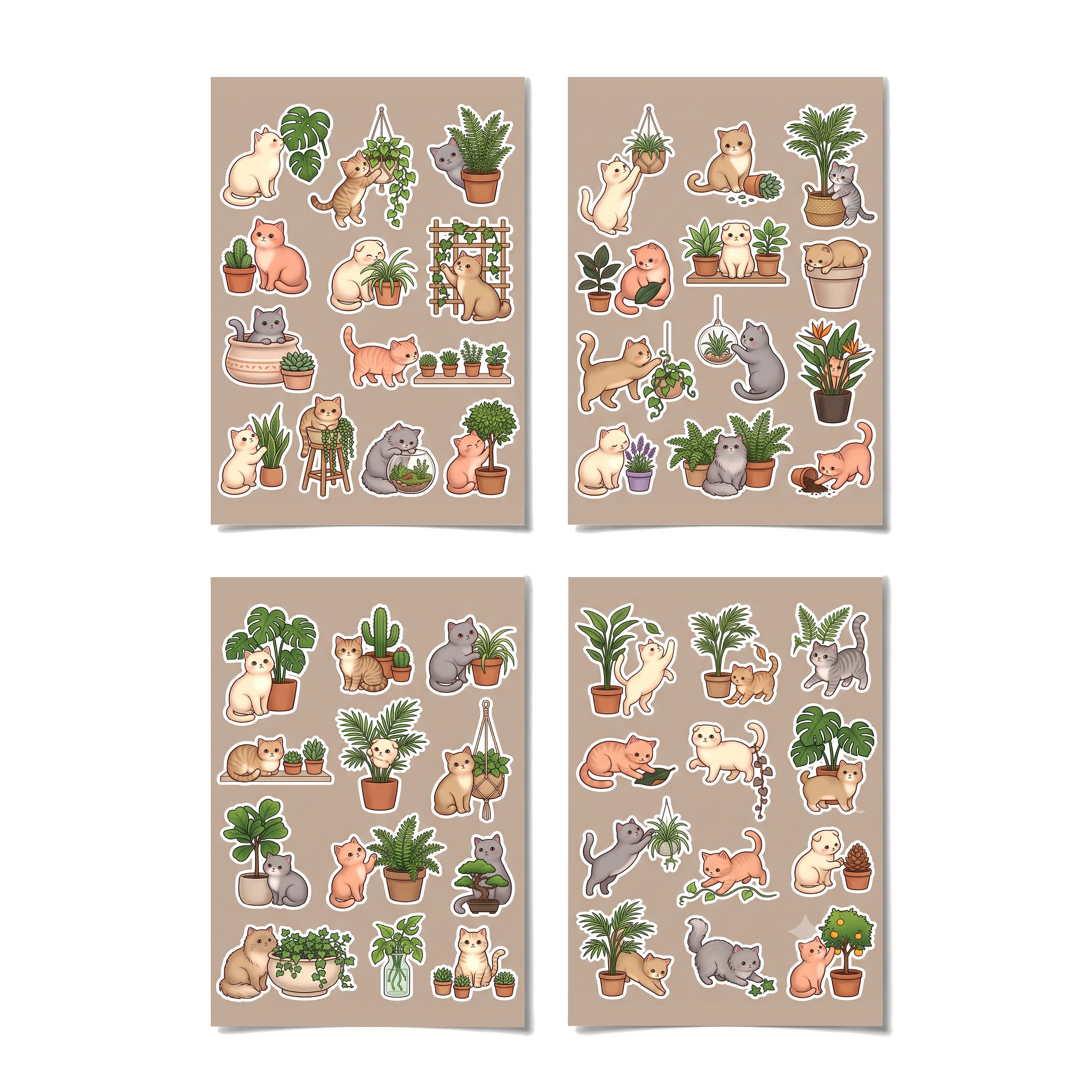 Kawaii Cats and Houseplant Stickers – 4x6 inch Cute Sticker Sheets (Pack of 4) | For Journals, Planners, Gift Wraps, Scrapbooks & More