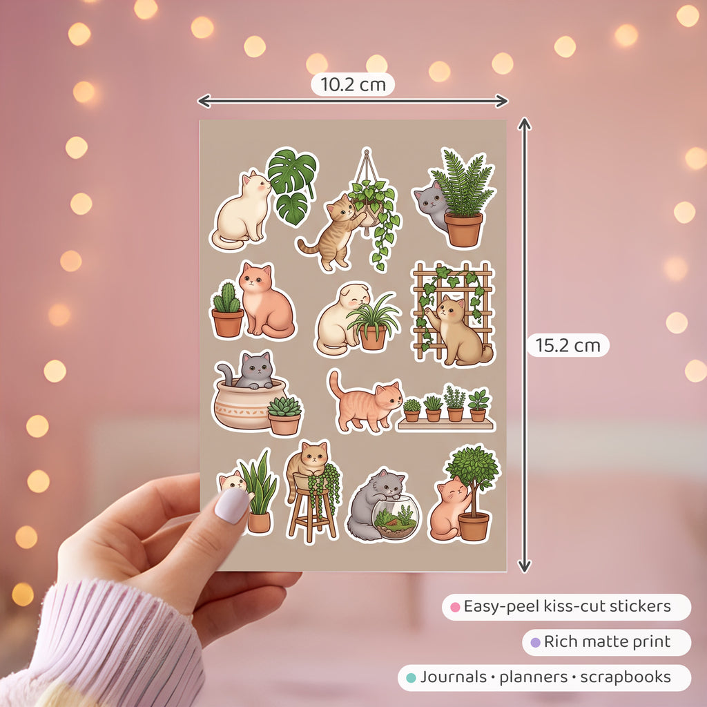 Kawaii Cats and Houseplant Stickers – 4x6 inch Cute Sticker Sheets (Pack of 4) | For Journals, Planners, Gift Wraps, Scrapbooks & More