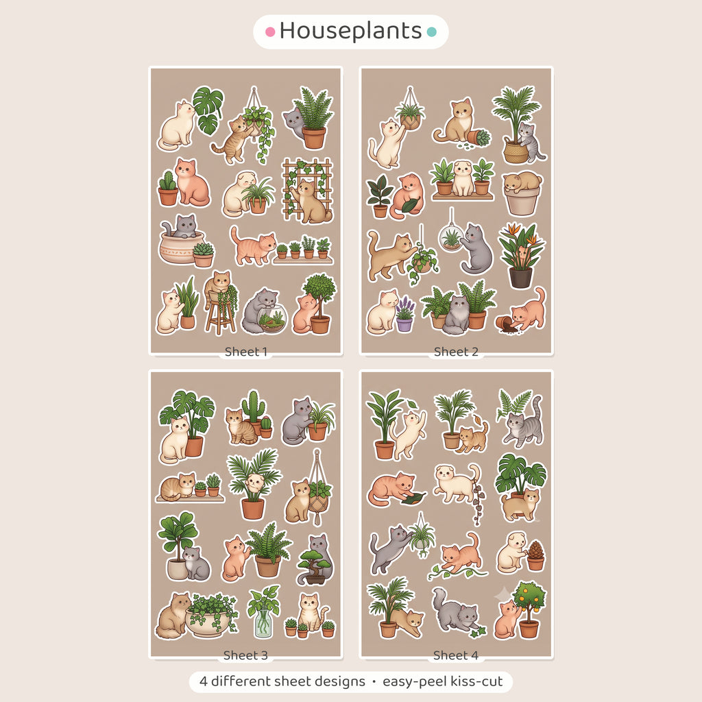 Kawaii Cats and Houseplant Stickers – 4x6 inch Cute Sticker Sheets (Pack of 4) | For Journals, Planners, Gift Wraps, Scrapbooks & More