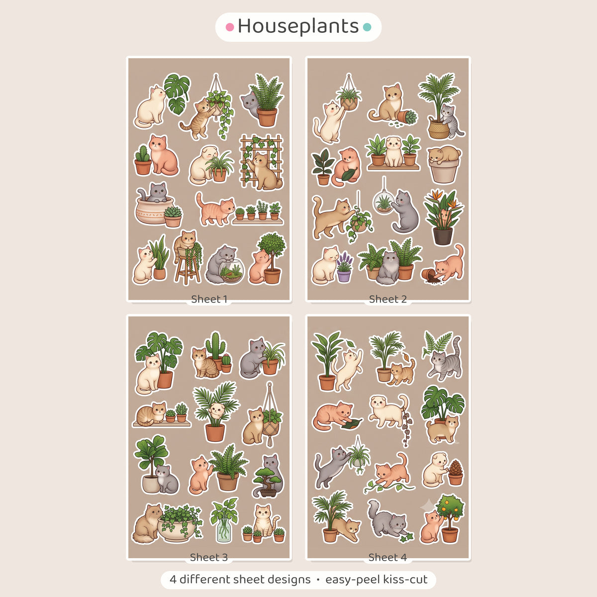 Kawaii Cats and Houseplant Stickers – 4x6 inch Cute Sticker Sheets (Pack of 4) | For Journals, Planners, Gift Wraps, Scrapbooks & More