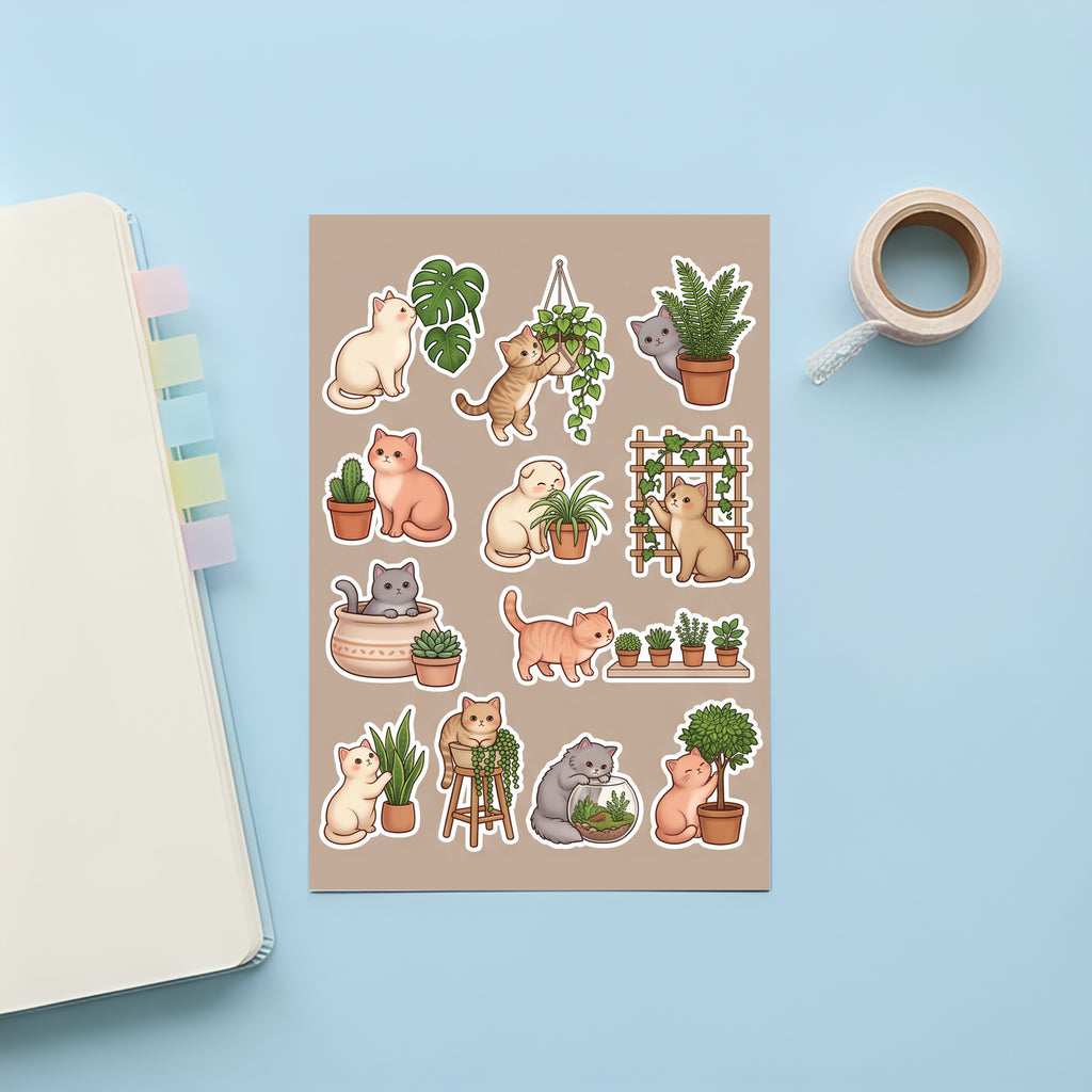 Kawaii Cats and Houseplant Stickers – 4x6 inch Cute Sticker Sheets (Pack of 4) | For Journals, Planners, Gift Wraps, Scrapbooks & More