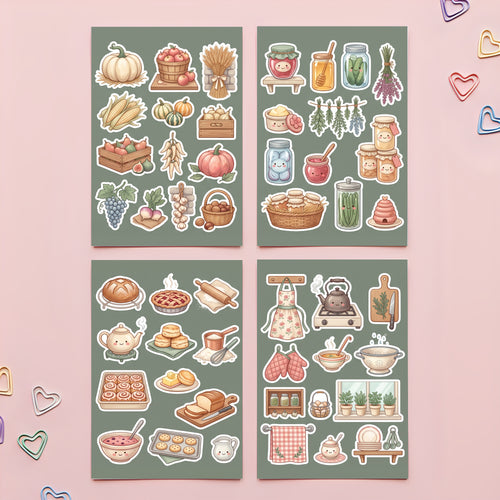 Cottagecore Harvest Kitchen Stickers – 4x6 inch Aesthetic Sticker Sheets (Pack of 4) | Pumpkins & Harvest Crates for Journals, Scrapbooks & DIY Crafts