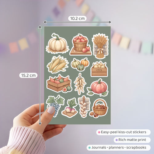 Cottagecore Harvest Kitchen Stickers – 4x6 inch Aesthetic Sticker Sheets (Pack of 4) | Pumpkins & Harvest Crates for Journals, Scrapbooks & DIY Crafts