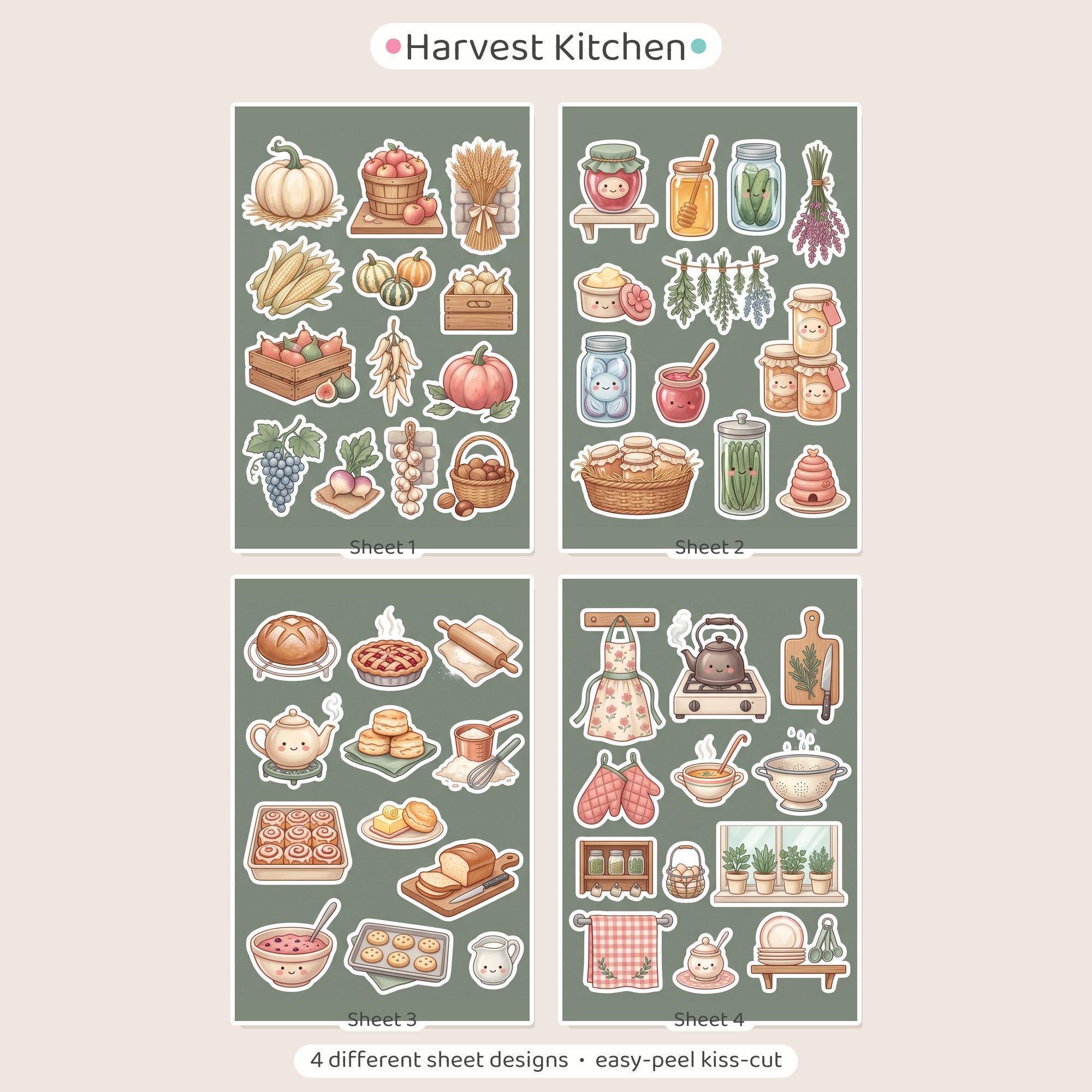 Cottagecore Harvest Kitchen Stickers – 4x6 inch Aesthetic Sticker Sheets (Pack of 4) | Pumpkins & Harvest Crates for Journals, Scrapbooks & DIY Crafts