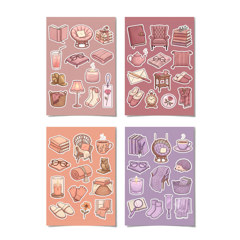 Kawaii Cosy Reading Nook Stickers – 4x6 inch Cute Sticker Sheets (Pack of 4) | Books & Candles for Journals, Scrapbooks, Notebooks, DIY Crafts & More