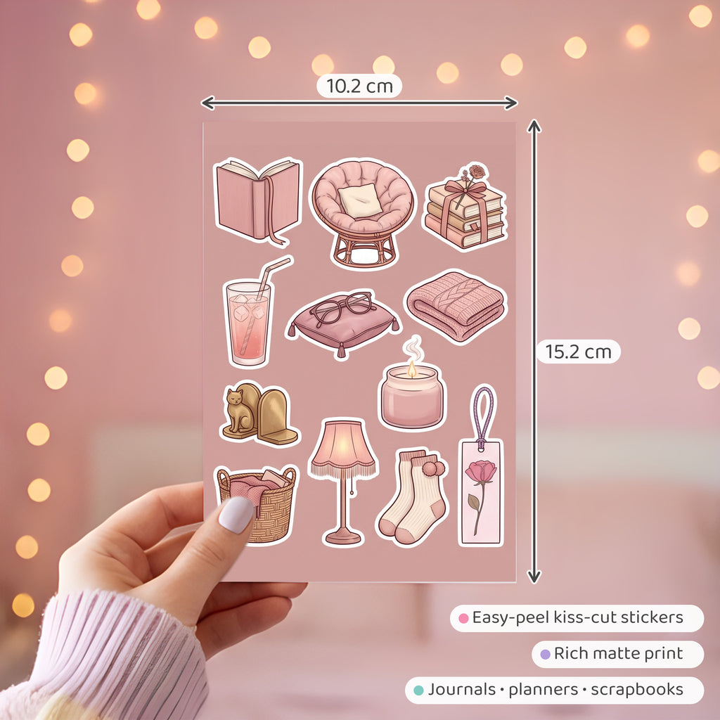 Kawaii Cosy Reading Nook Stickers – 4x6 inch Cute Sticker Sheets (Pack of 4) | Books & Candles for Journals, Scrapbooks, Notebooks, DIY Crafts & More
