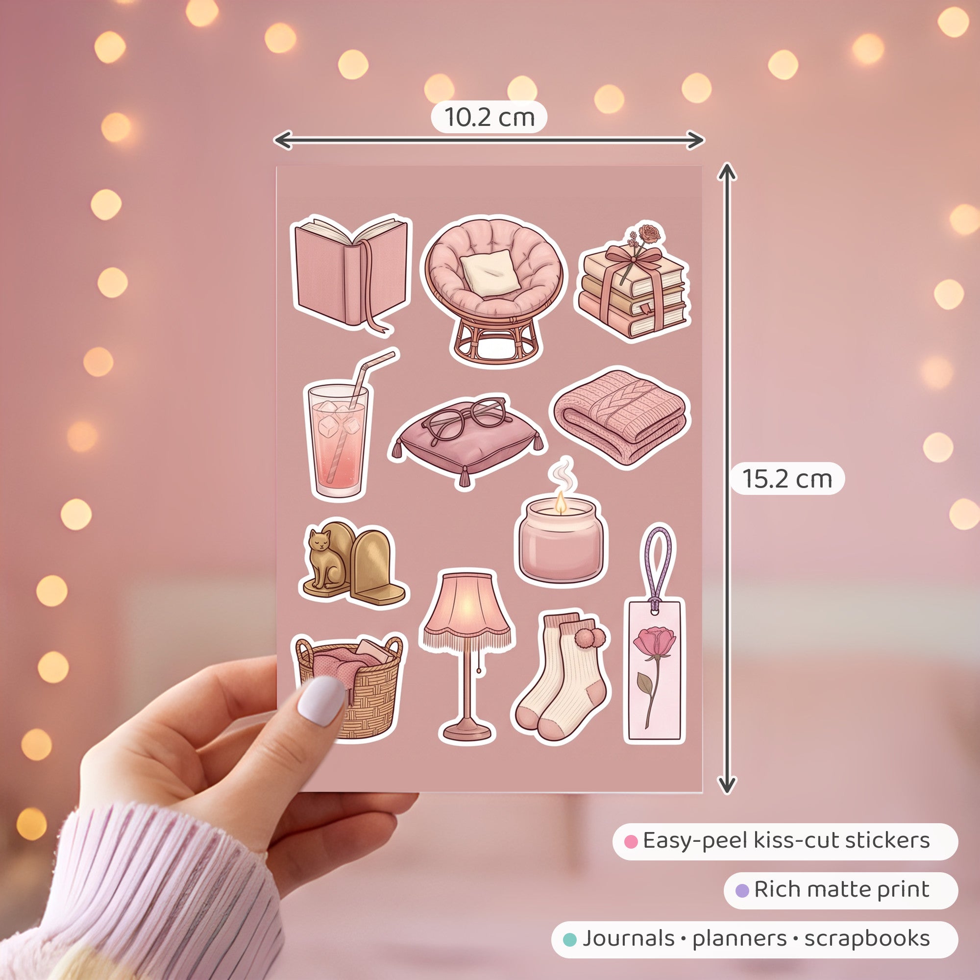 Kawaii Cosy Reading Nook Stickers – 4x6 inch Cute Sticker Sheets (Pack of 4) | Books & Candles for Journals, Scrapbooks, Notebooks, DIY Crafts & More