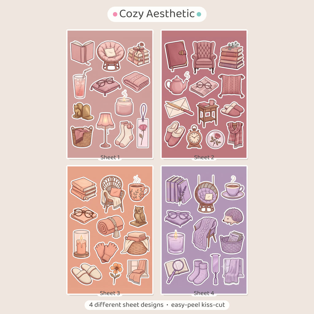 Kawaii Cosy Reading Nook Stickers – 4x6 inch Cute Sticker Sheets (Pack of 4) | Books & Candles for Journals, Scrapbooks, Notebooks, DIY Crafts & More