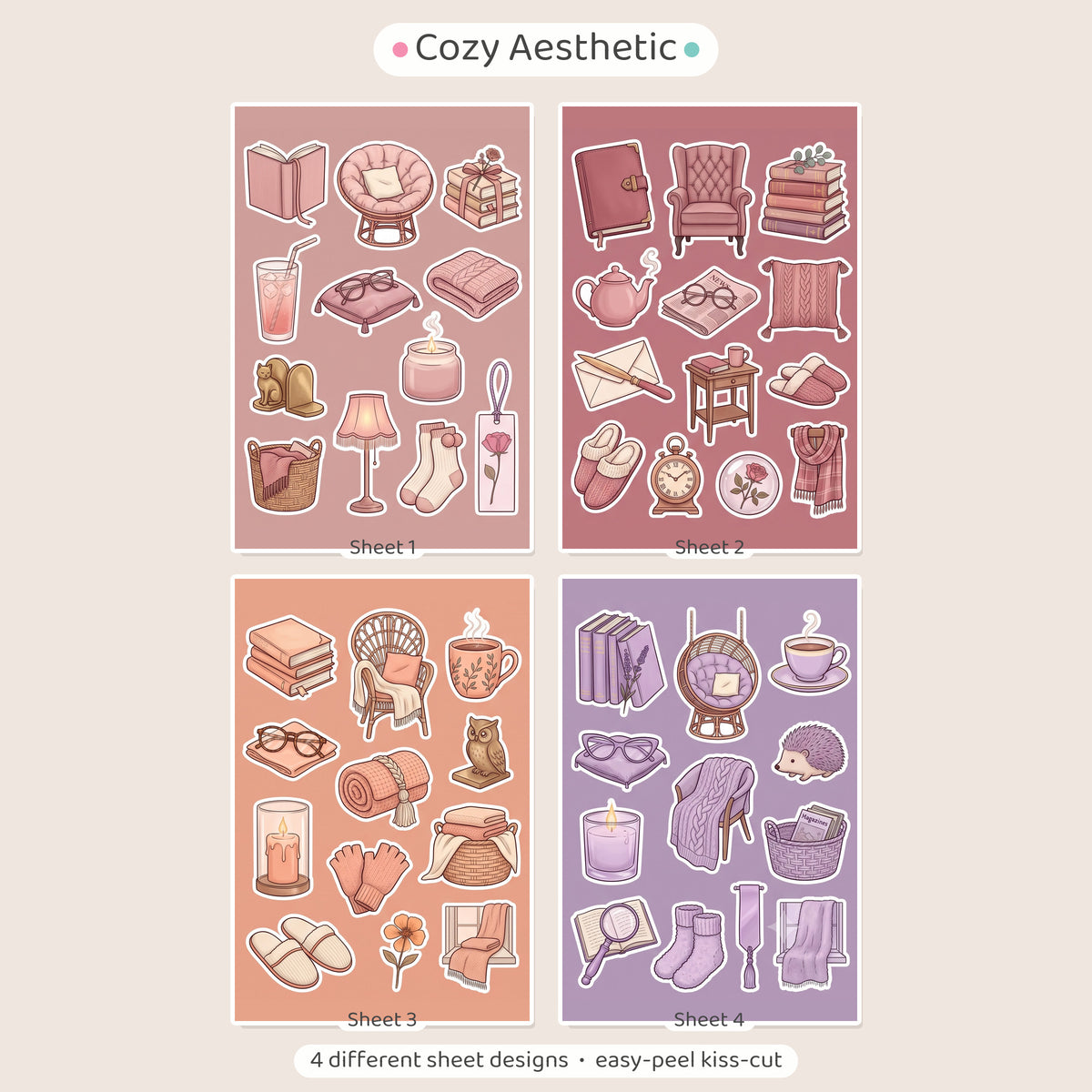 Kawaii Cosy Reading Nook Stickers – 4x6 inch Cute Sticker Sheets (Pack of 4) | Books & Candles for Journals, Scrapbooks, Notebooks, DIY Crafts & More