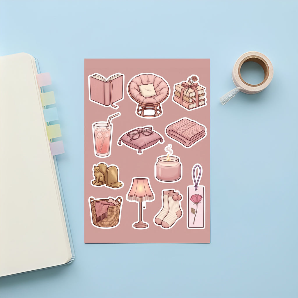Kawaii Cosy Reading Nook Stickers – 4x6 inch Cute Sticker Sheets (Pack of 4) | Books & Candles for Journals, Scrapbooks, Notebooks, DIY Crafts & More