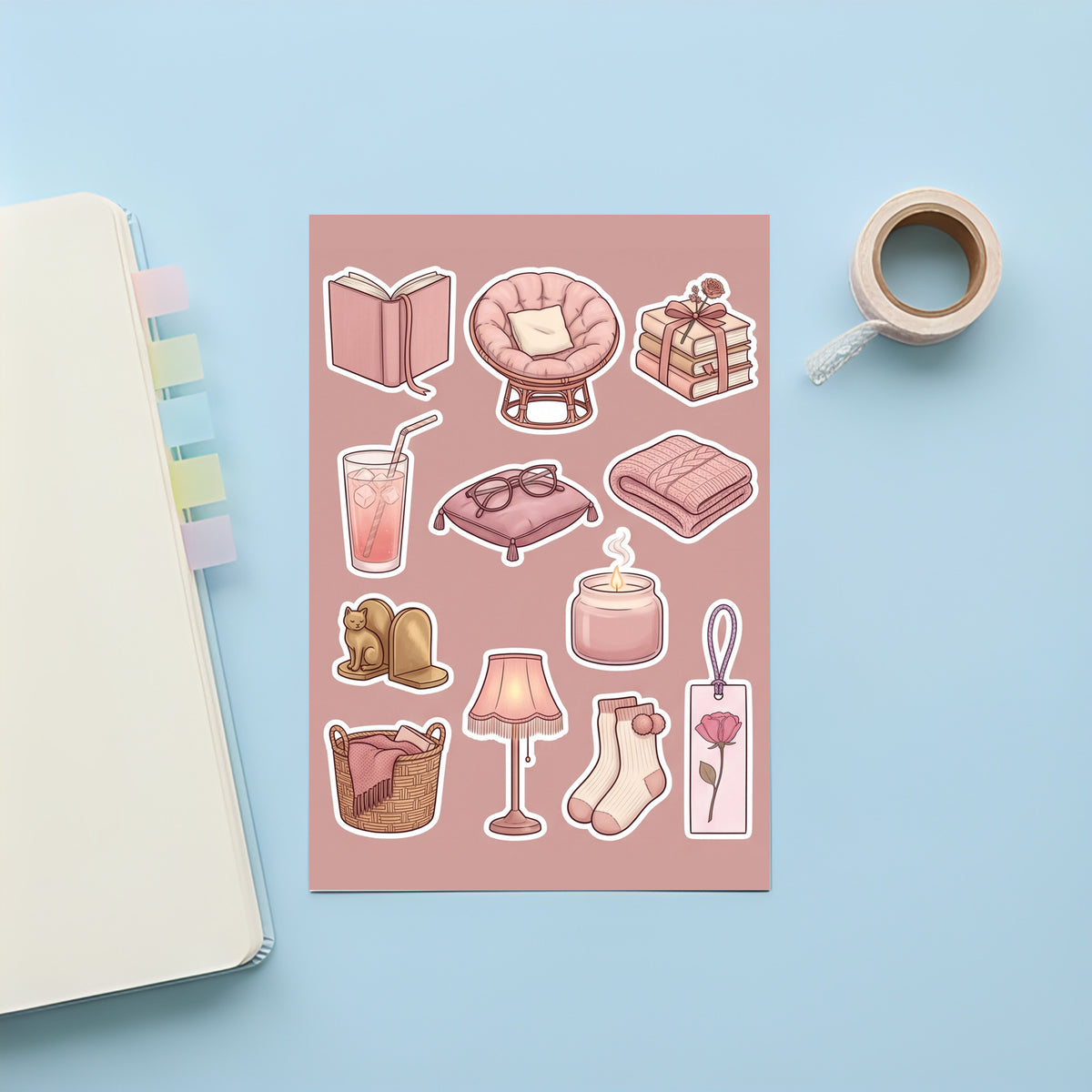 Kawaii Cosy Reading Nook Stickers – 4x6 inch Cute Sticker Sheets (Pack of 4) | Books & Candles for Journals, Scrapbooks, Notebooks, DIY Crafts & More