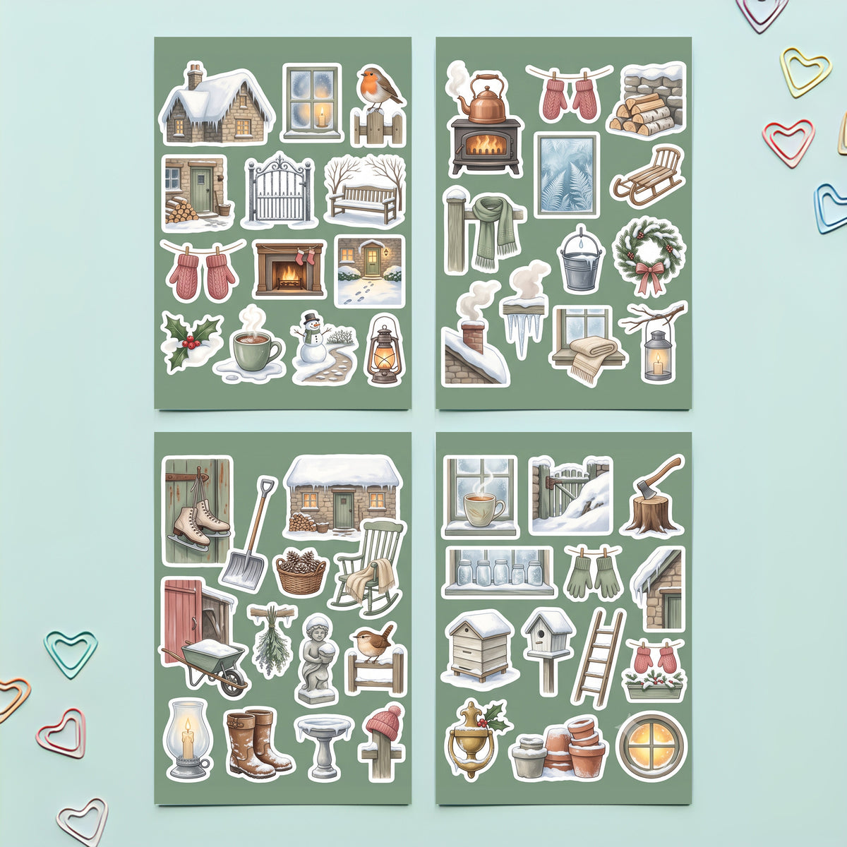 Cottagecore Winter Cottage Stickers – 4x6 inch Aesthetic Sticker Sheets (Pack of 4) | For Journals, Notebooks, DIY Crafts, Diaries, Planners & More