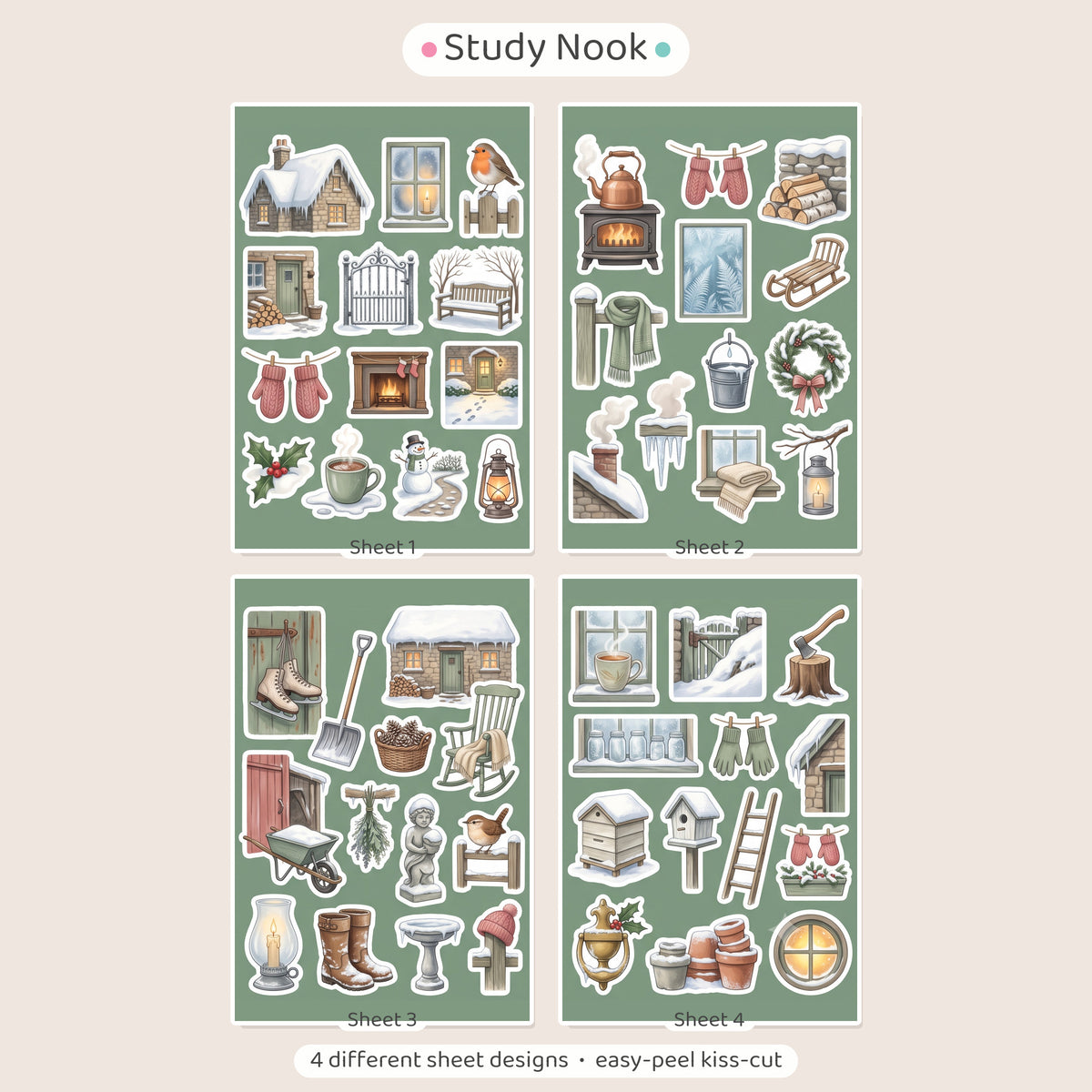 Cottagecore Winter Cottage Stickers – 4x6 inch Aesthetic Sticker Sheets (Pack of 4) | For Journals, Notebooks, DIY Crafts, Diaries, Planners & More