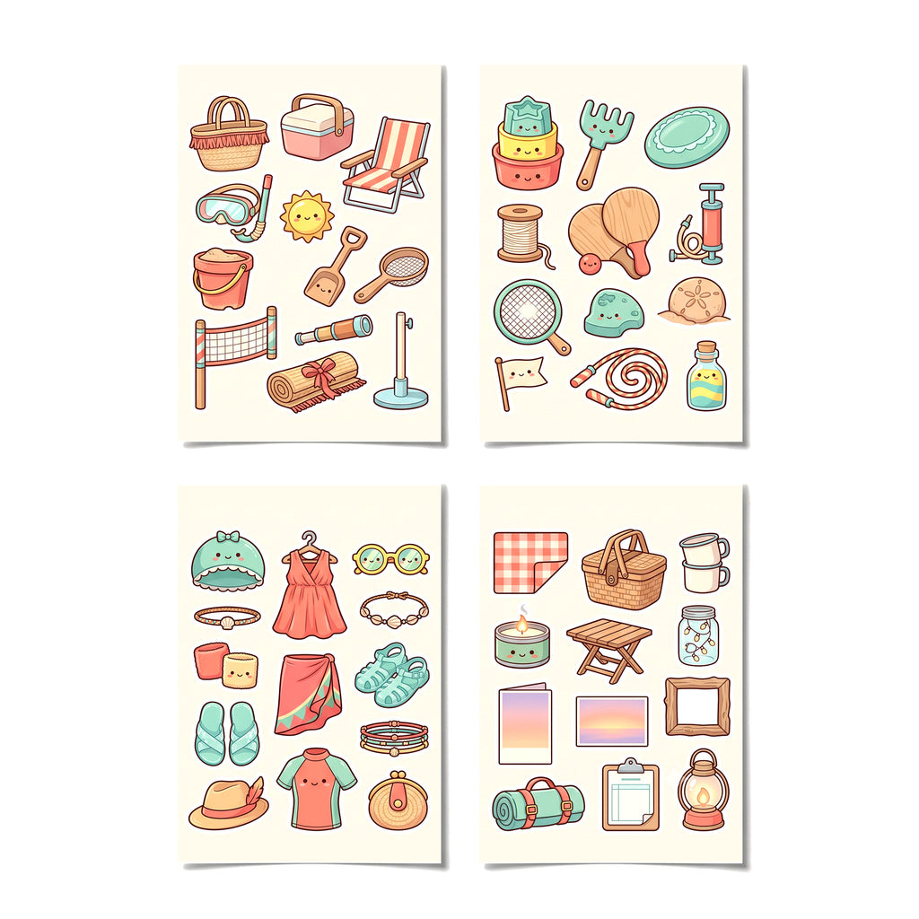 Kawaii Seaside Holiday Stickers – 4x6 inch Cute Sticker Sheets (Pack of 4) | Deck Chair & Bucket for Journals, DIY Crafts, Diaries, Planners & More