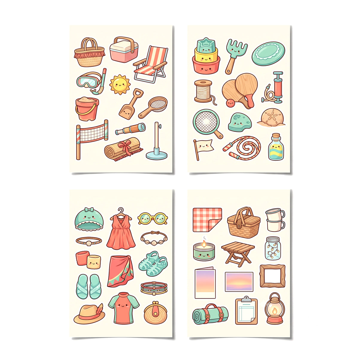 Kawaii Seaside Holiday Stickers – 4x6 inch Cute Sticker Sheets (Pack of 4) | Deck Chair & Bucket for Journals, DIY Crafts, Diaries, Planners & More