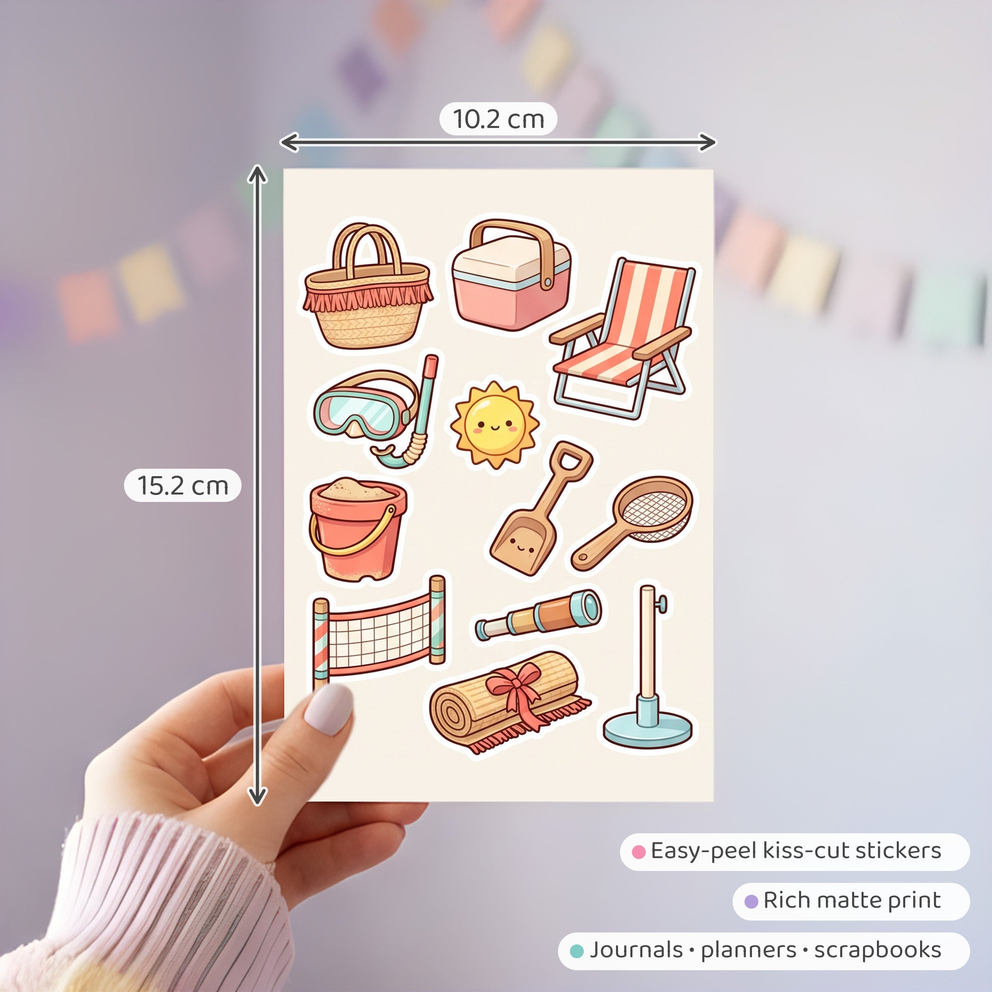 Kawaii Seaside Holiday Stickers – 4x6 inch Cute Sticker Sheets (Pack of 4) | Deck Chair & Bucket for Journals, DIY Crafts, Diaries, Planners & More
