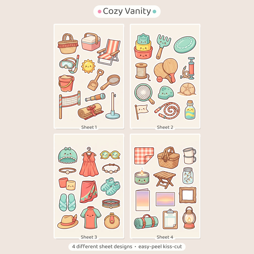 Kawaii Seaside Holiday Stickers – 4x6 inch Cute Sticker Sheets (Pack of 4) | Deck Chair & Bucket for Journals, DIY Crafts, Diaries, Planners & More