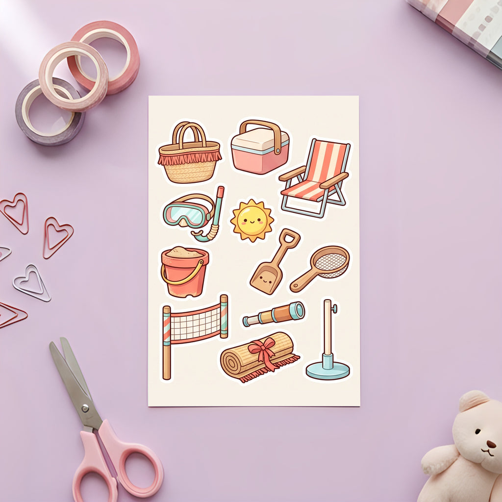 Kawaii Seaside Holiday Stickers – 4x6 inch Cute Sticker Sheets (Pack of 4) | Deck Chair & Bucket for Journals, DIY Crafts, Diaries, Planners & More